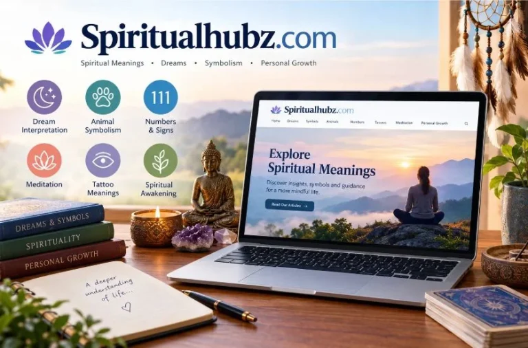 Illustration of a laptop displaying a generic blog with moon, eye and lotus symbols, representing the SpiritualHubz.com USA website guide