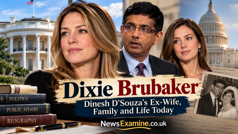 Editorial illustration for Dixie Brubaker's biography featuring a Washington, D.C., architectural background and a symbolic silhouette.