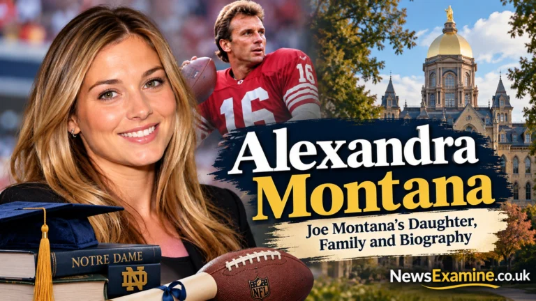 Editorial illustration representing Alexandra Montana's connection to the Montana family, with university architecture and an American football.