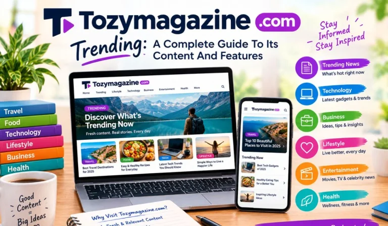 Illustrated browser with article cards and calendar symbols beside the title “TozyMagazine Com Trending.